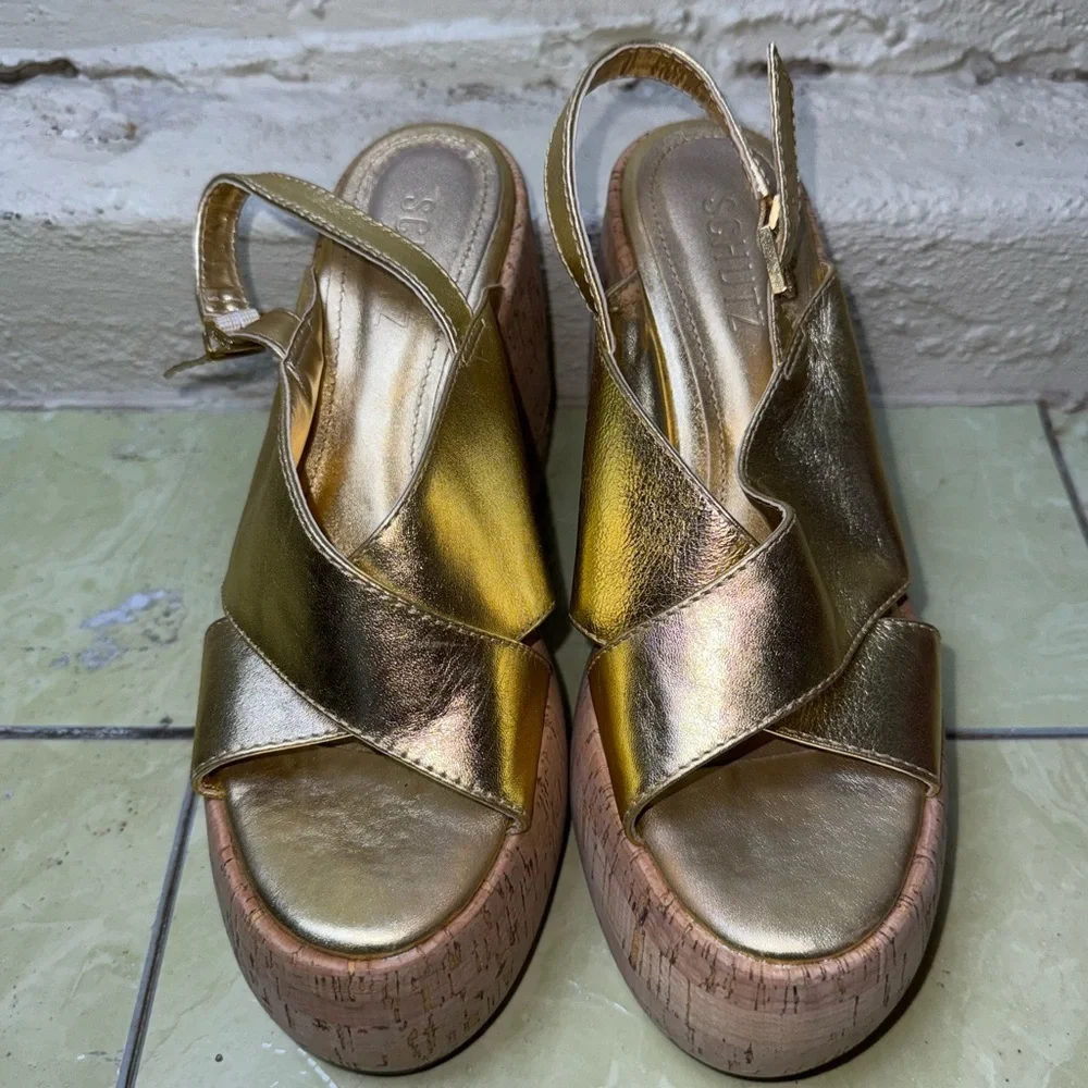 Schutz‎ Gold Platform Sandals Cork Block Heel Disco Glam Boho- 7.5